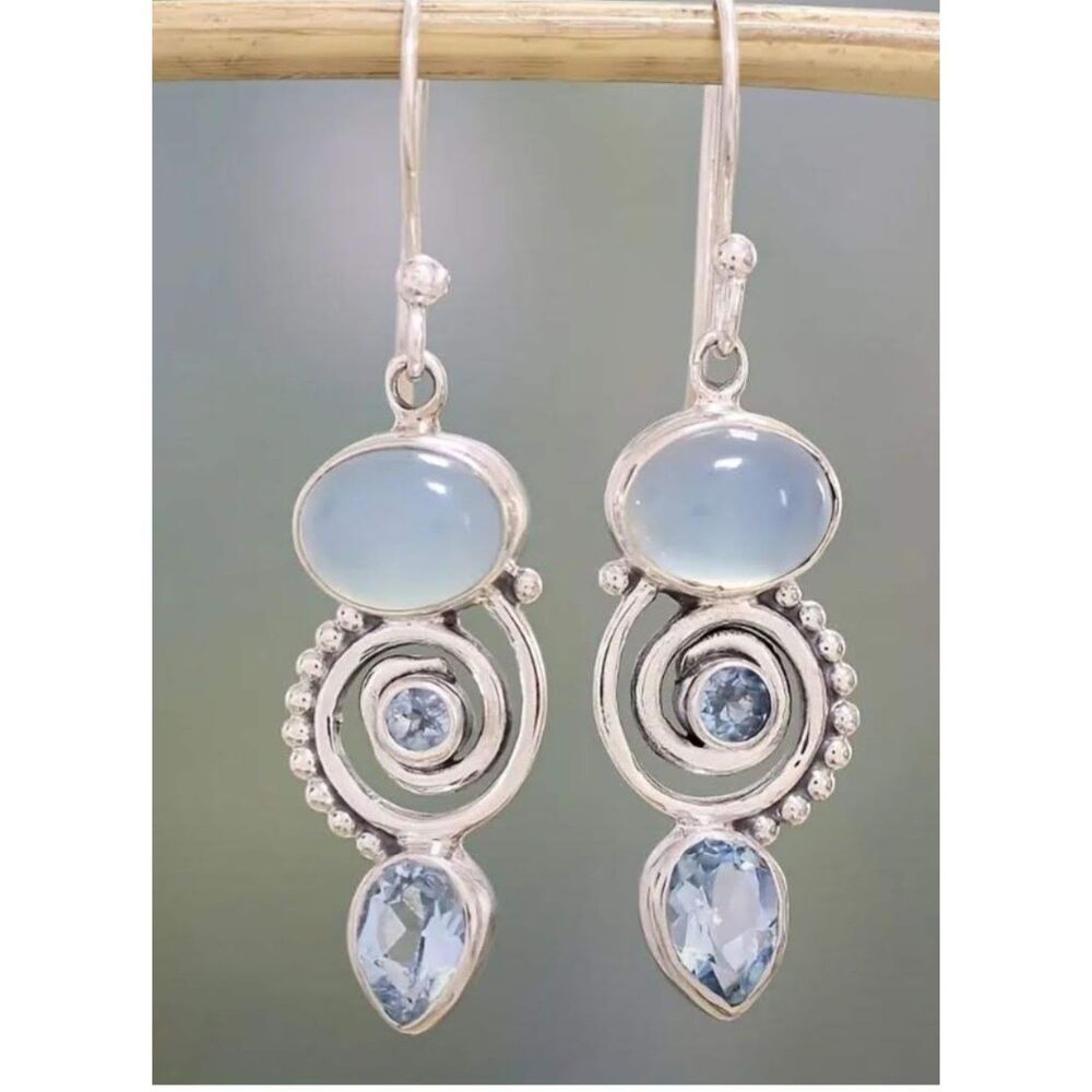 White Resin Blue Topaz White Topaz Spiral Drop Earrings Silver Alloy French Wire